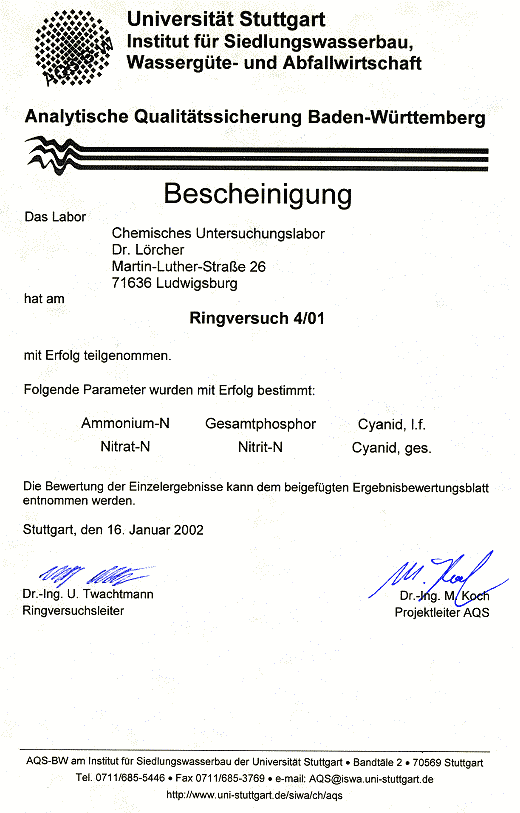 AQS Ringversuch Abwasser 4/01
