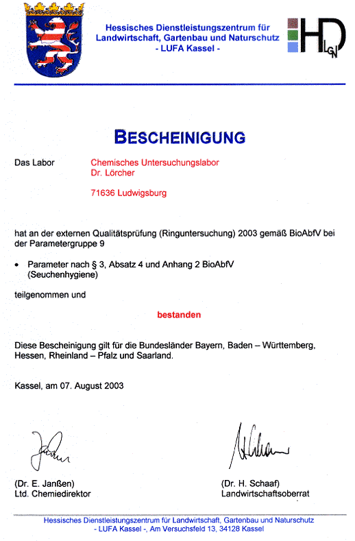 LUFA Kassel Ringversuch 2003 Parametergruppe 9