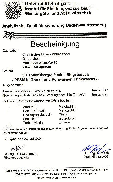 Urkunde  AQS 5. Lnderbergreifender RV PBSM Grund- und Trinkwasser