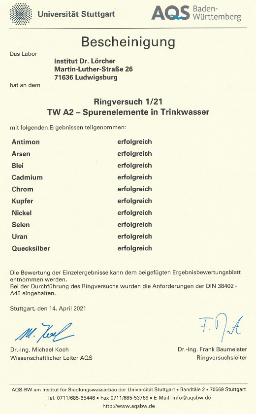 AQS TW A2 - Spurenelemente in Trinkwasser