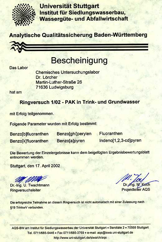 AQS RV 1-02 PAK in Trink- und Grundwasser