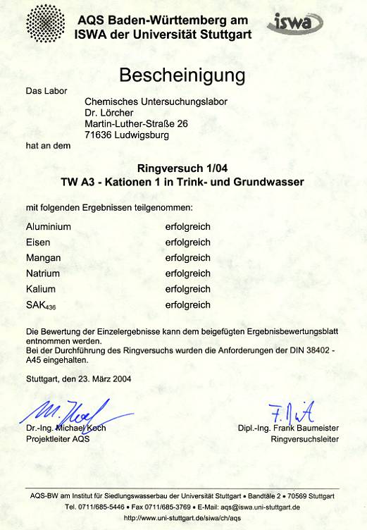 AQS Ringversuch 2/03 - Elemente in Trink- und Grundwasser