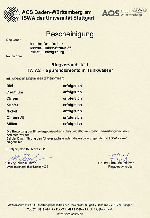 AQS Ringversuch 1/11 - TW A2 Spurenelemente in Trinkwasser