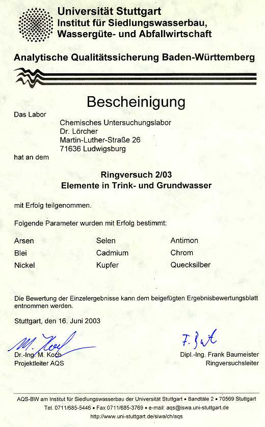 AQS Ringversuch 2/03 - Elemente in Trink- und Grundwasser