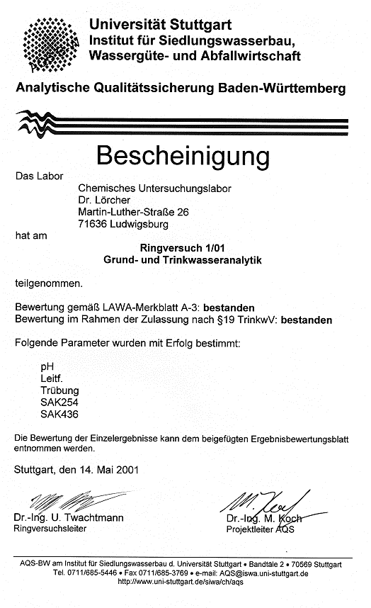 Urkunde AQS Ringversuch 1/01