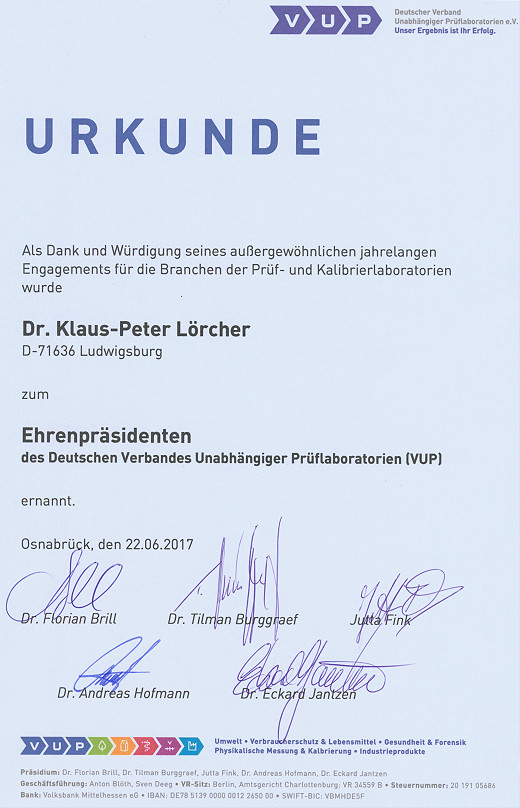 Urkunde Ehrenprsident VUP